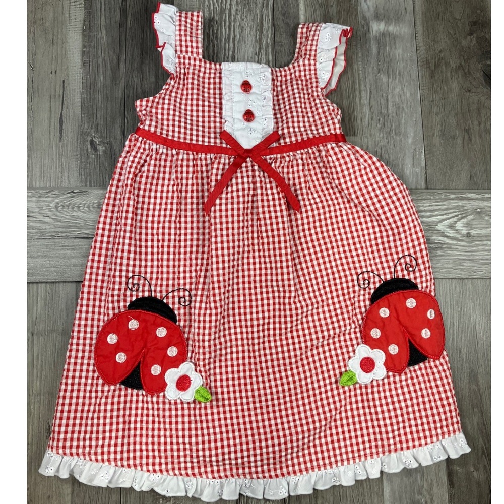 Youngland Toddler Girls Red Gingham Ladybug Eyelet Ruffle Dress 4T 1102214